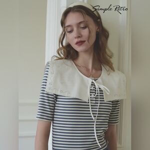 Simple Retro Striped Navy and White Women's Top with Lace Collar